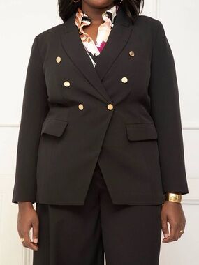 ELOQUII Elements Women's Plus Black Fitted Angular Blazer with Gold Buttons